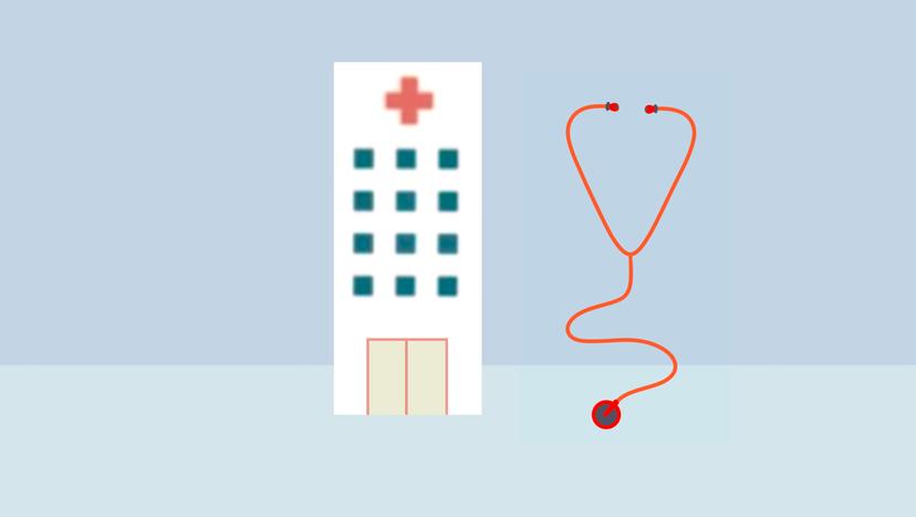 Die Illustration zeigt ein Medizinisches Versorgungszentrum mit einem Stethoskop als Symbol für ärztliche Versorgung.