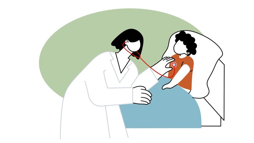 Die Illustration zeigt eine Kinderärztin, die ein Kind im Krankenbett mit einem Stethoskop abhört.