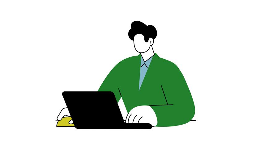 Die Illustration zeigt einen Kaufmann für Gesundheitswesen am Computer.