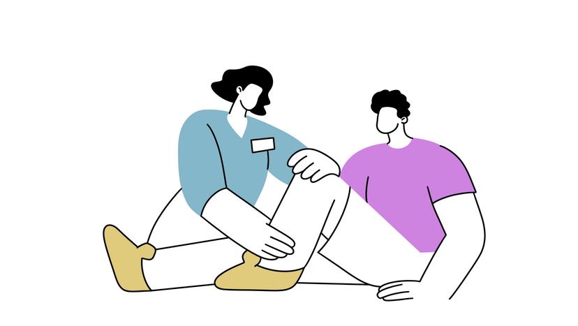 Die Illustration zeigt eine Orthopädin, die sich um die einen Patienten mit Kniebeschwerden kümmert.