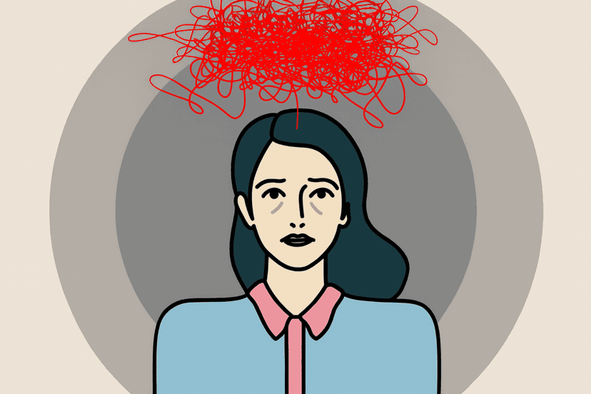 Die Grafik zeigt eine Frau, die offenbar überlastet ist und vor einem Burnout steht Burnout vermeiden im Gesundheitswesen: Die Balance zwischen Empathie und Abgrenzung