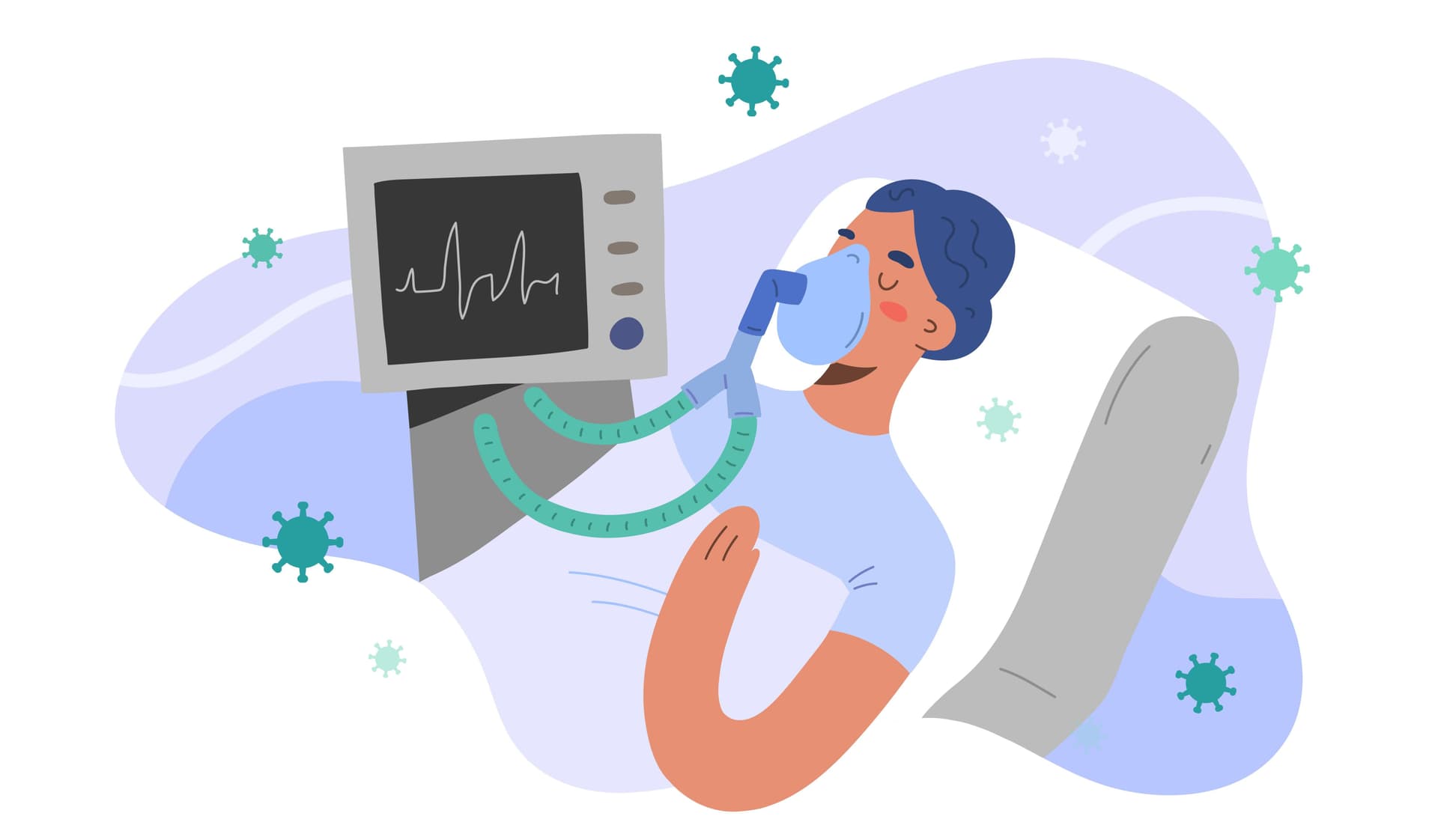Weaning ist ein interessantes Arbeitsfeld, das hohe fachliche Expertise und die Fähigkeit zur Bewältigung komplexer Herausforderungen erfordert. Die Illustration zeigt eine Frau, die über ein Beatmungsgerät mit Sauerstoff versorgt wird.