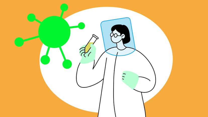 Die beruflichen Perspektiven für Virologe / Virologinnen sind sehr gut, da die Bedeutung der Fachdisziplin in den letzten Jahren stark zugenommen hat. Die Illustration zeigt eine Virologin mit einem Reagenzglas.
