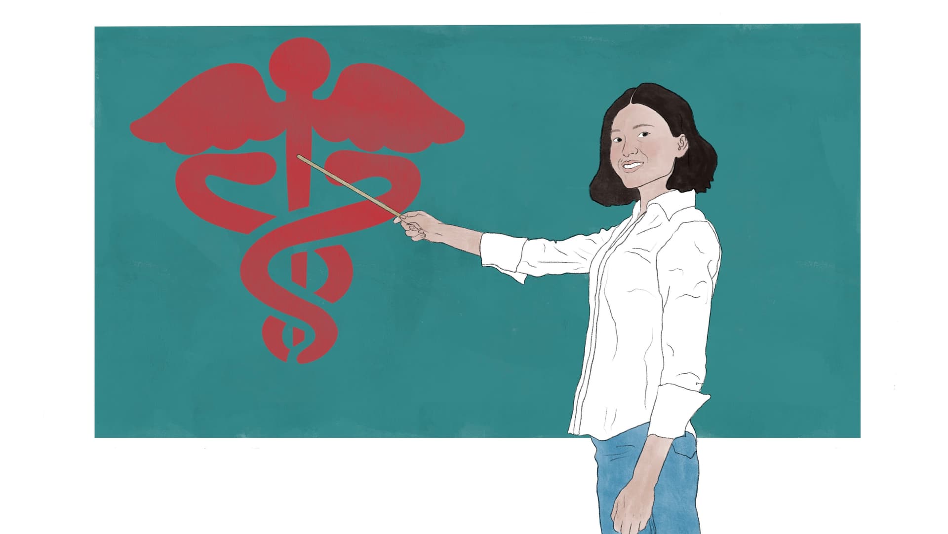 Pflegepädagogen tragen die Verantwortung für die Ausbildung von Pflegefachkräften und stelle so langfristig eine bestmögliche pflegerische Versorgung sicher. Die Illustration zeigt eine Pflegepädagogik, die an einer Tafel steht und lehrt.
