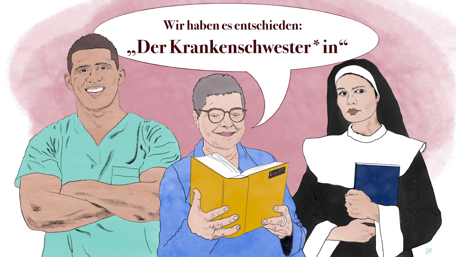 Krankenschwester: Eine veraltete Bezeichnung - ein Diskussionsbeitrag. Frau zwischen Krankenpfleger und Nonne erklärt im Scherz Einigung auf den Begriff "Der Krankenschwester*in".